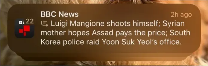 Screenshot di una notifica di Apple Intelligence delle notizie della BBC.