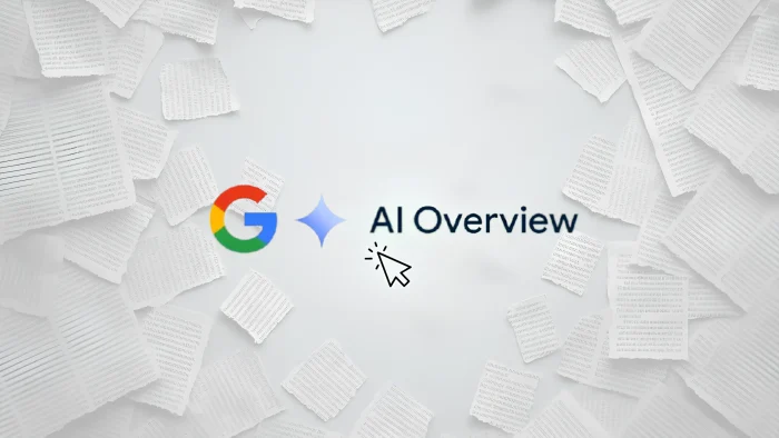 frammenti di giornale e logo Google AI Overviews